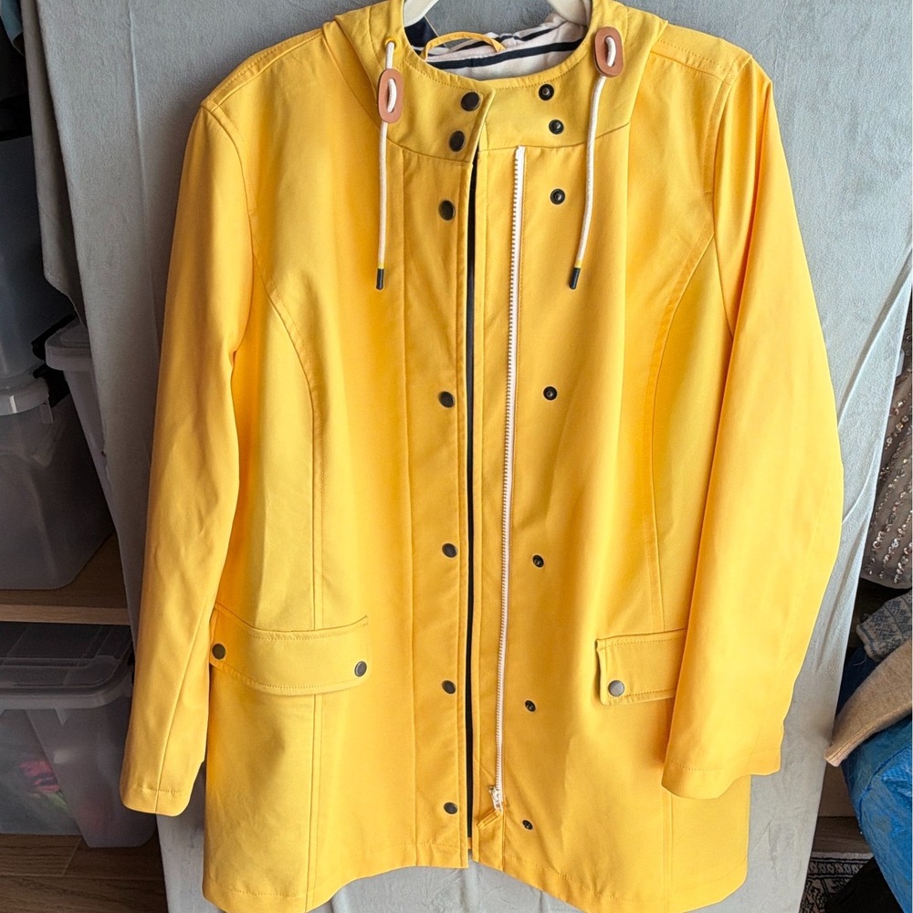 Talbots Splash Hooded Raincoat Women L Yellow Nautical Coastal Rain Jacket